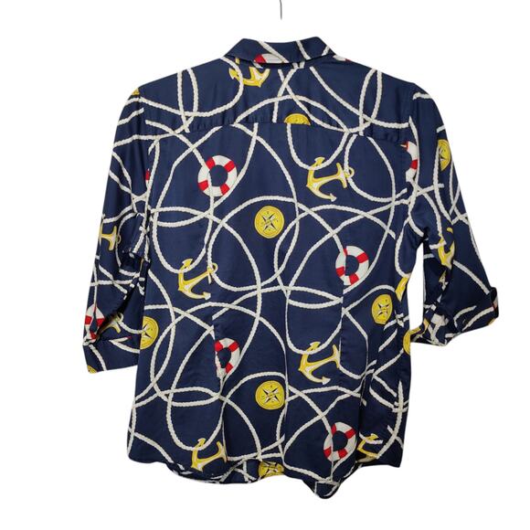 Lauren Ralph Lauren Sz 2X Blue Nautical Print Button Up Shirt Navy Yellow Yacht - Picture 5 of 5
